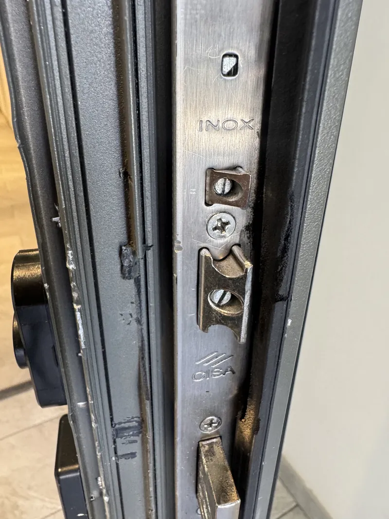 Multipoint lock faceplate showing hook bolt and adjustable roller keeper